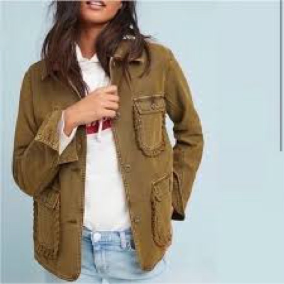 Anthropologie Army Green Ruffled Cargo Jacket - Picture 1 of 7
